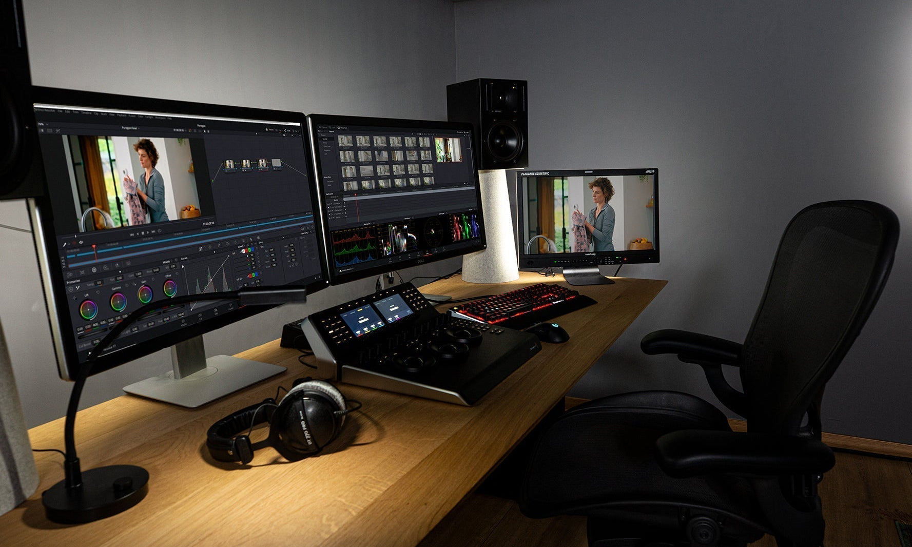 Grey painted walls surrounding a professional color grading suite with a Flanders monitor, DaVinci Resolve Mini Panel, and headphones.