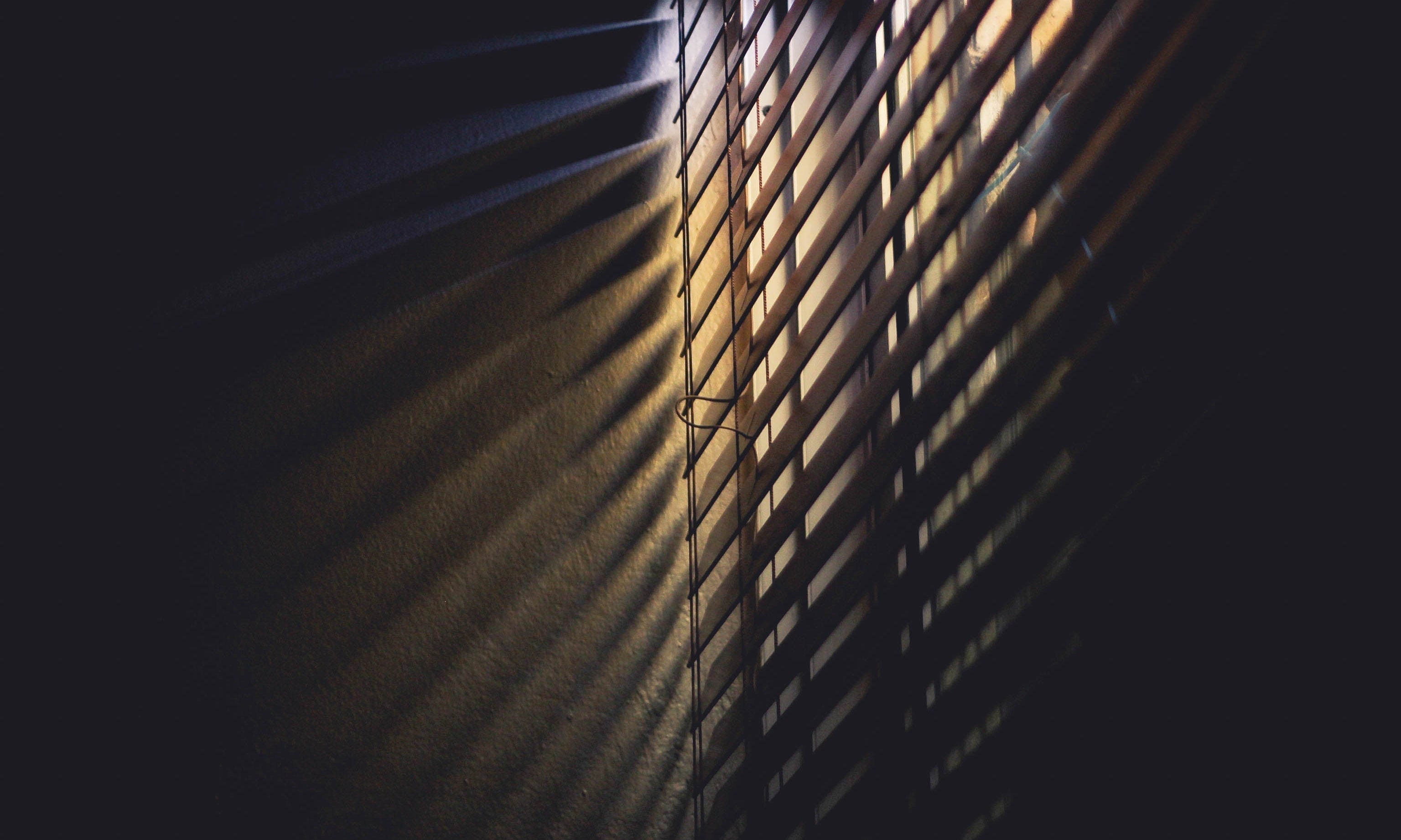 Sunlight falling through blinds onto a dark wall